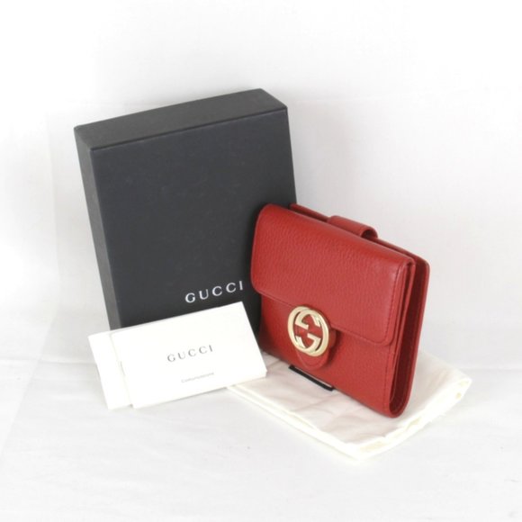 GUCCI 615525 2184 Interlocking G Bi-fold Wallet Compact W Red Leather